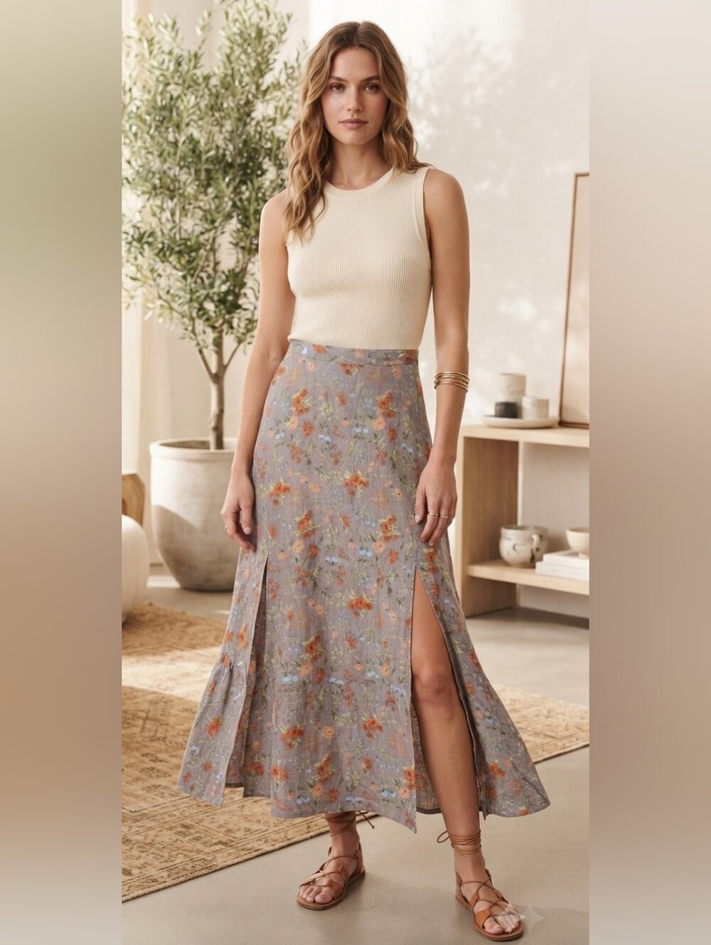 Natural Life Gray Floral Double Slit Maxi Skirt Size Small Bohemian Boho
